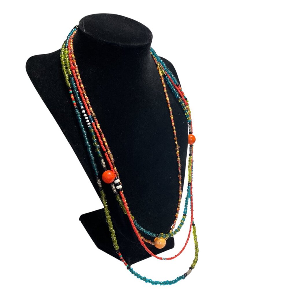 Vintage Multi‎ Strand Glass Metal Stone Bead Boho Color African Artsy Necklace